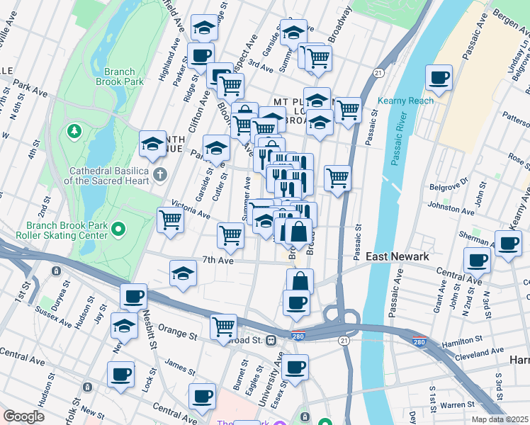 map of restaurants, bars, coffee shops, grocery stores, and more near 27 Webster Street in Newark