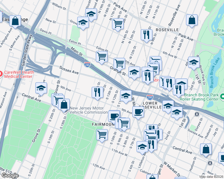 map of restaurants, bars, coffee shops, grocery stores, and more near 52 South 13th Street in Newark