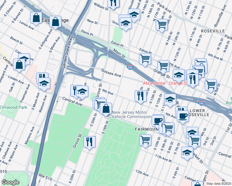 map of restaurants, bars, coffee shops, grocery stores, and more near 98 Steuben Street in East Orange