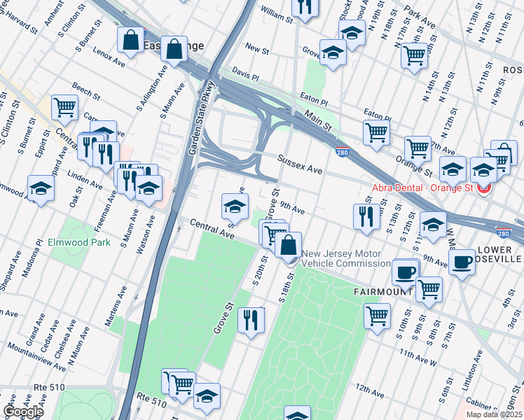 map of restaurants, bars, coffee shops, grocery stores, and more near 112 South Grove Street in East Orange