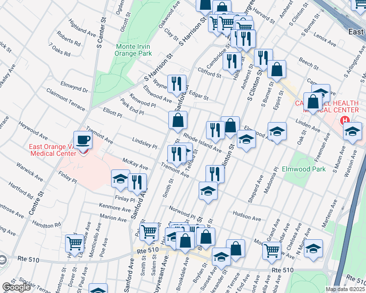 map of restaurants, bars, coffee shops, grocery stores, and more near 68 Bedford Street in East Orange
