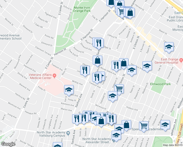map of restaurants, bars, coffee shops, grocery stores, and more near 240A Sanford Street in East Orange
