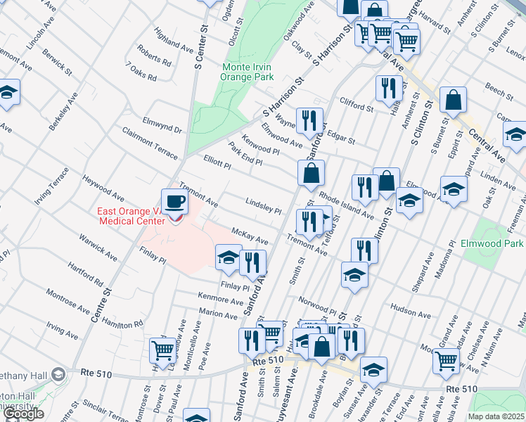 map of restaurants, bars, coffee shops, grocery stores, and more near 32 Lindsley Place in East Orange