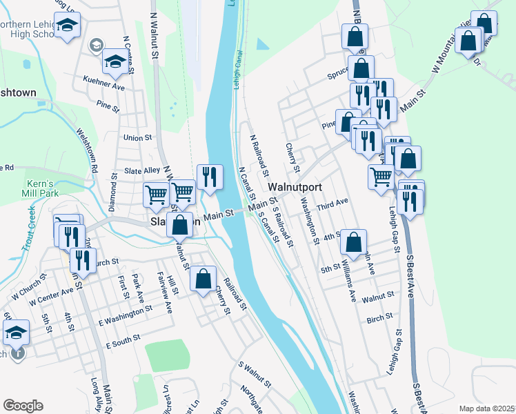 map of restaurants, bars, coffee shops, grocery stores, and more near in Walnutport