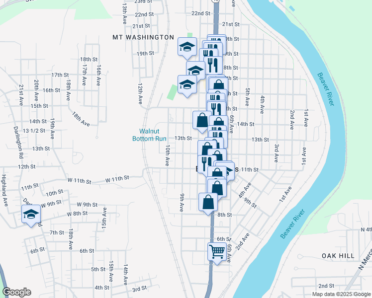 map of restaurants, bars, coffee shops, grocery stores, and more near 1218 9th Avenue in Beaver Falls