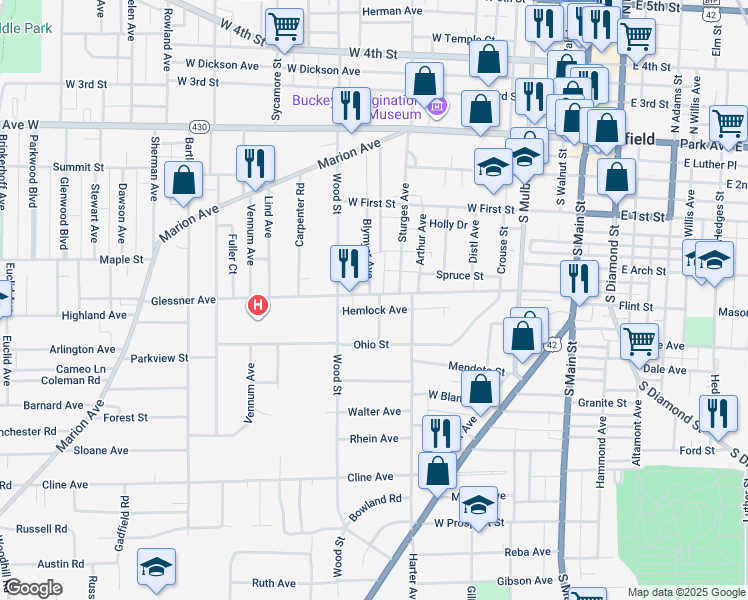 map of restaurants, bars, coffee shops, grocery stores, and more near 186 Sturges Avenue in Mansfield