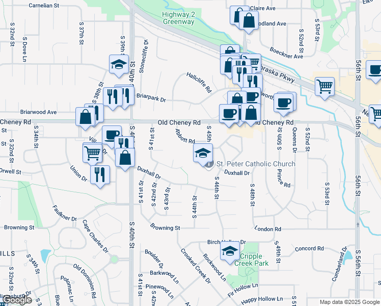 map of restaurants, bars, coffee shops, grocery stores, and more near 5805 Barjona Place in Lincoln