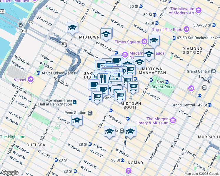 map of restaurants, bars, coffee shops, grocery stores, and more near 227 West 37th Street in New York