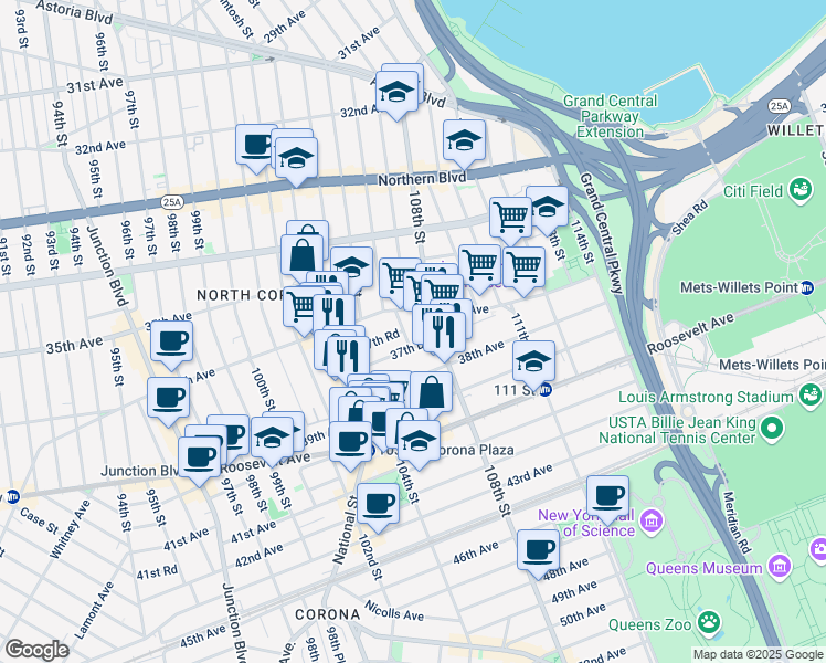 map of restaurants, bars, coffee shops, grocery stores, and more near in Queens