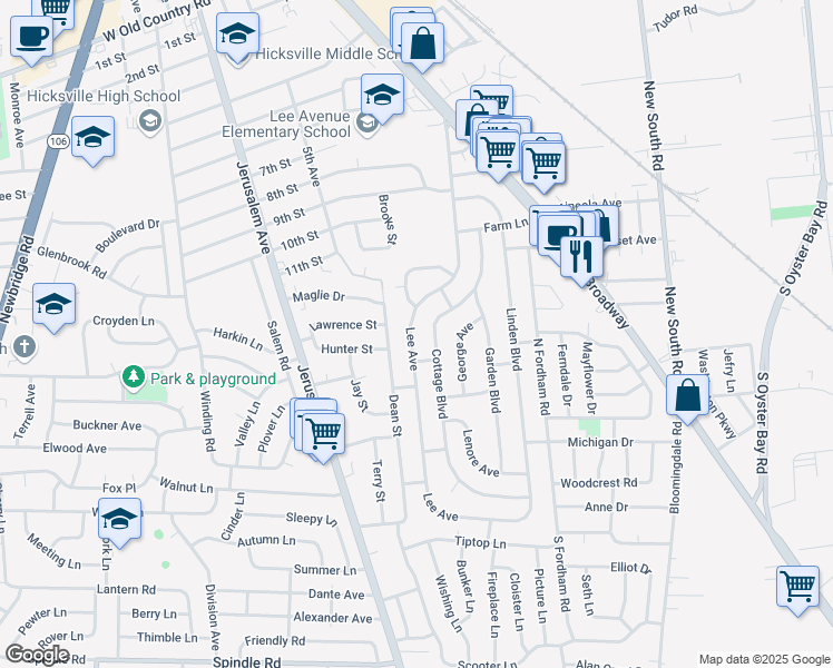 map of restaurants, bars, coffee shops, grocery stores, and more near 155 Lee Avenue in Hicksville