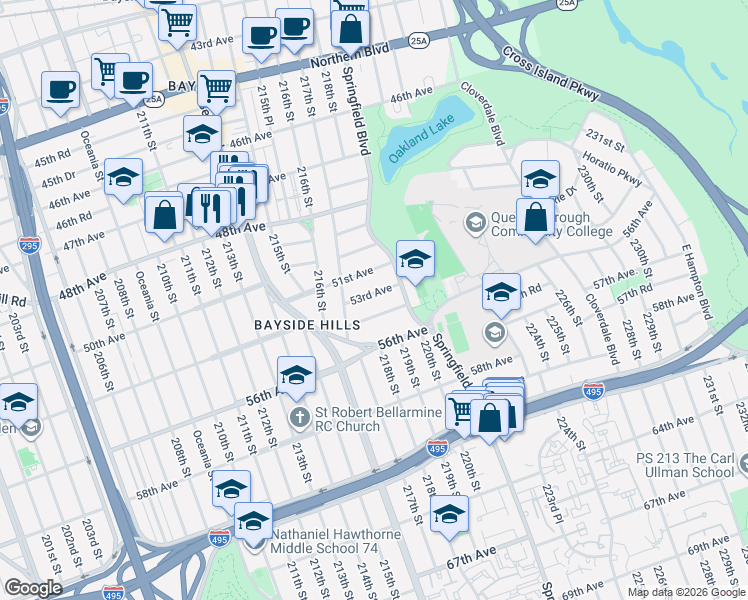 map of restaurants, bars, coffee shops, grocery stores, and more near 217-06 53rd Avenue in Queens