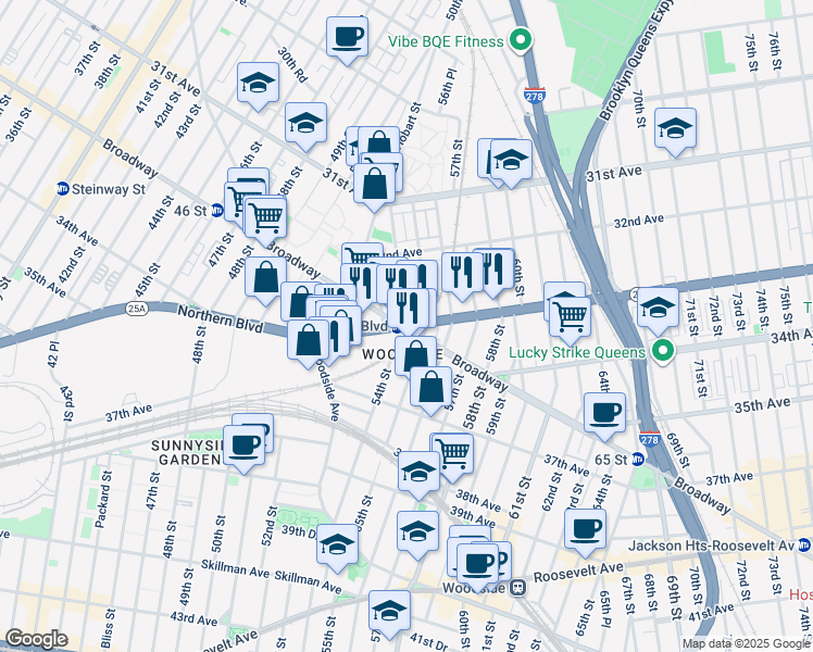 map of restaurants, bars, coffee shops, grocery stores, and more near Northern Boulevard & 54th Street in Queens