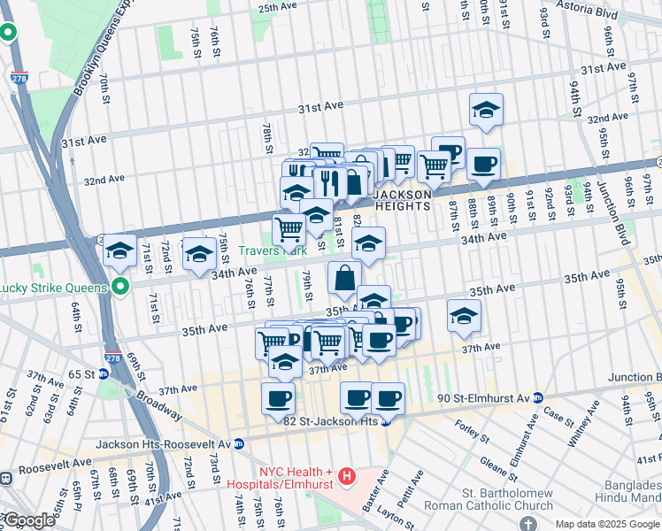 map of restaurants, bars, coffee shops, grocery stores, and more near 34-05 80th Street in Queens