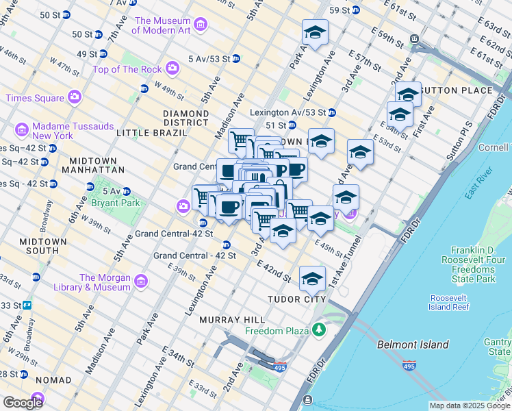 map of restaurants, bars, coffee shops, grocery stores, and more near 133 East 45th Street in New York