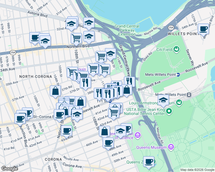 map of restaurants, bars, coffee shops, grocery stores, and more near 38-2 112th Street in Queens