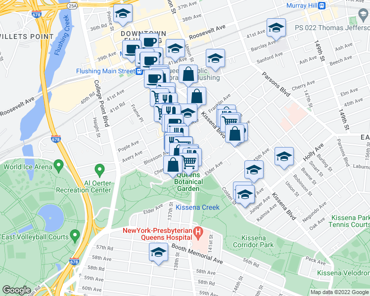 map of restaurants, bars, coffee shops, grocery stores, and more near 42-73 Main Street in Queens