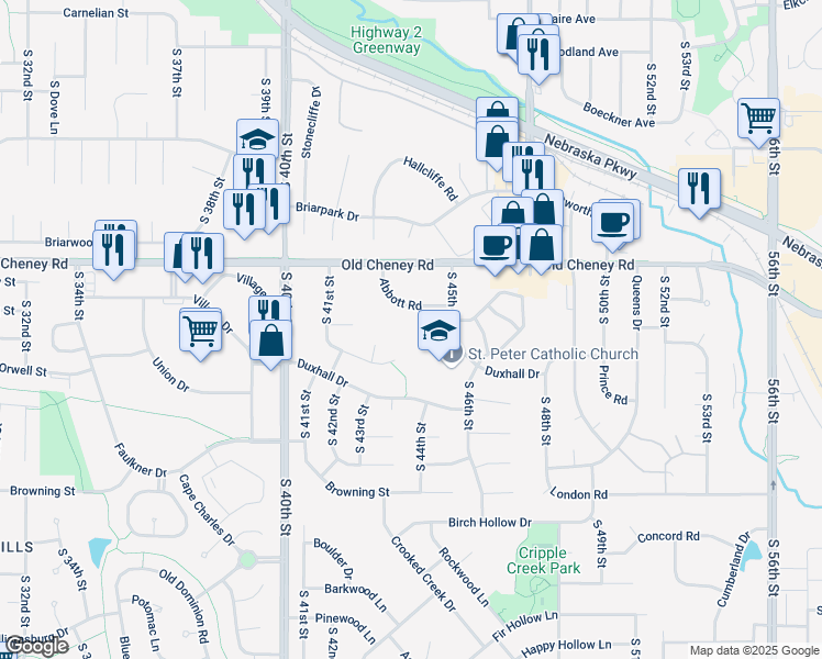 map of restaurants, bars, coffee shops, grocery stores, and more near 5805 Barjona Place in Lincoln