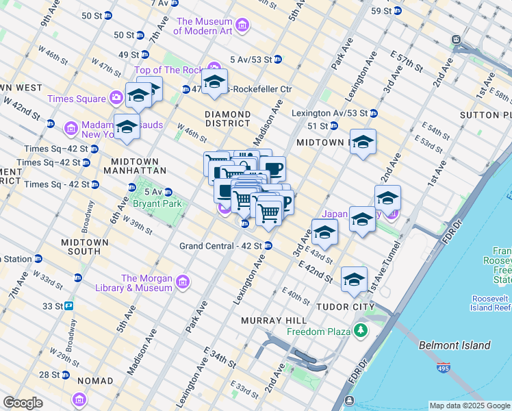 map of restaurants, bars, coffee shops, grocery stores, and more near 200 Park Avenue in New York