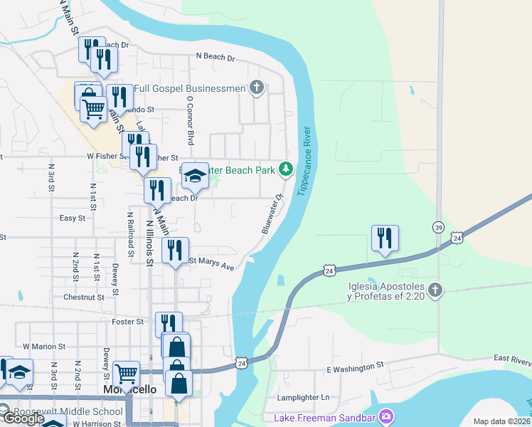 map of restaurants, bars, coffee shops, grocery stores, and more near 301-499 South Beach Drive in Monticello