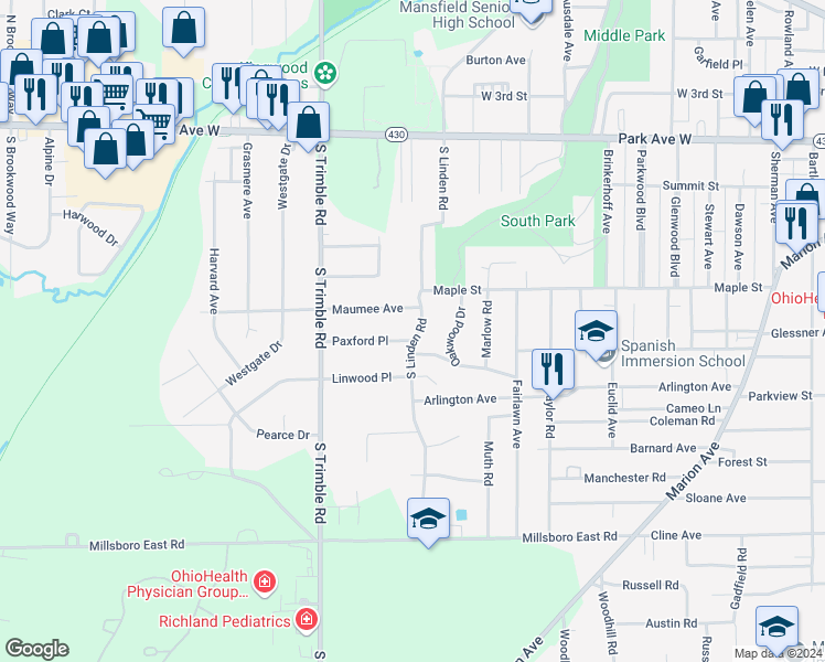 map of restaurants, bars, coffee shops, grocery stores, and more near 208 South Linden Road in Mansfield