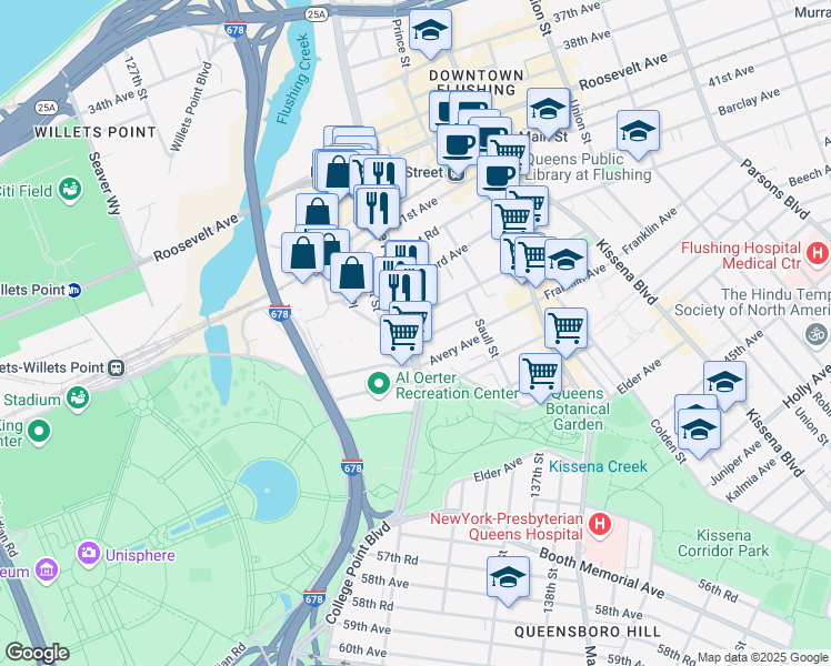 map of restaurants, bars, coffee shops, grocery stores, and more near 44-15 College Point Boulevard in Queens