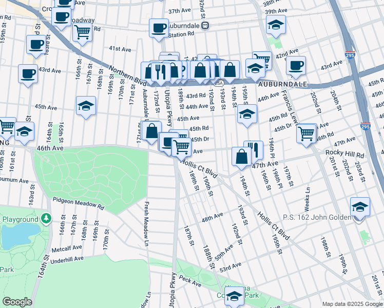 map of restaurants, bars, coffee shops, grocery stores, and more near 18910 46th Avenue in Queens
