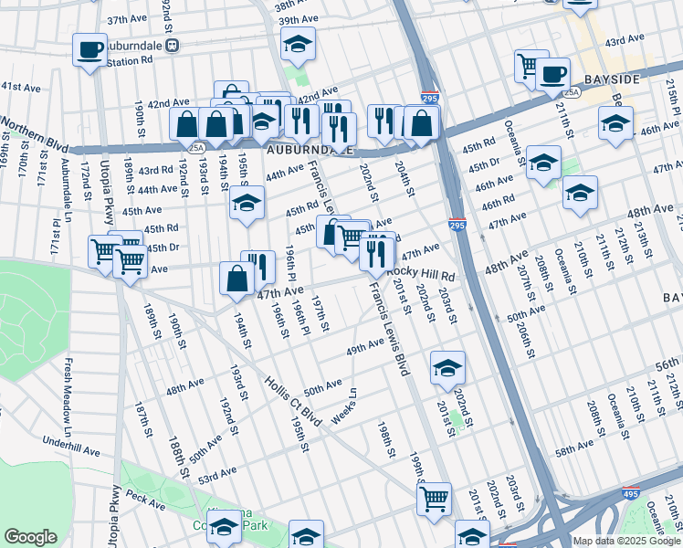 map of restaurants, bars, coffee shops, grocery stores, and more near 198-15 47th Avenue in Queens