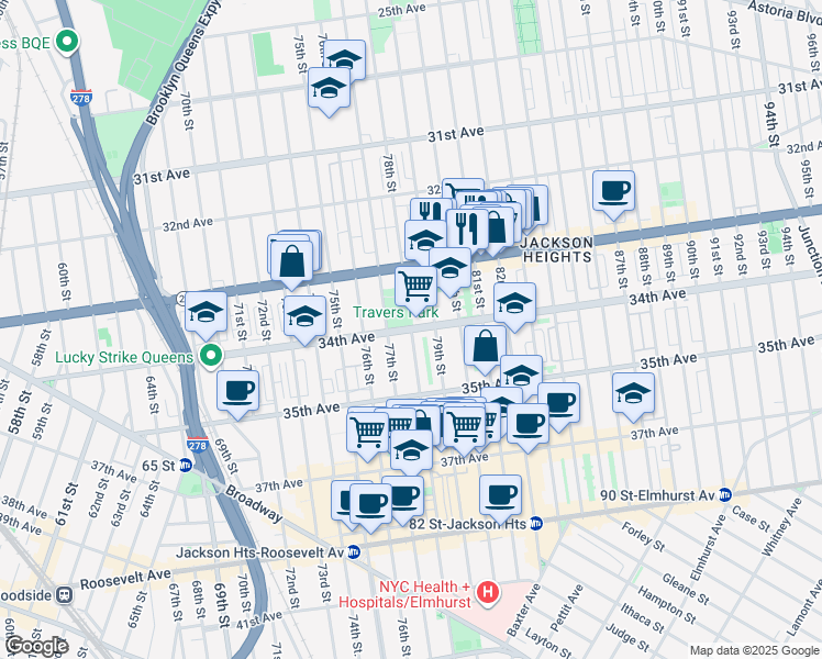 map of restaurants, bars, coffee shops, grocery stores, and more near 34-40 78th Street in Queens