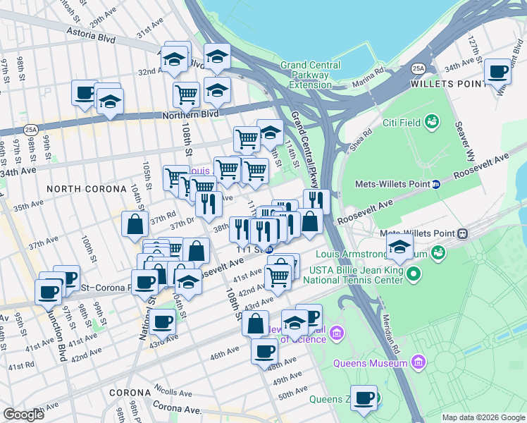 map of restaurants, bars, coffee shops, grocery stores, and more near 38-2 112th Street in Queens