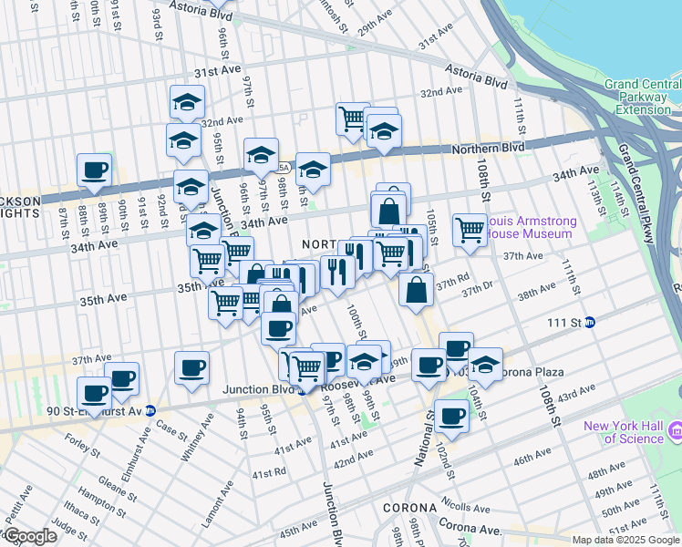 map of restaurants, bars, coffee shops, grocery stores, and more near 35-25 100th Street in Queens