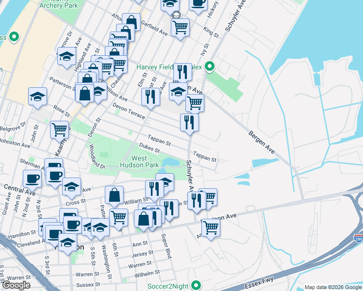 map of restaurants, bars, coffee shops, grocery stores, and more near 153 Tappan Street in Kearny