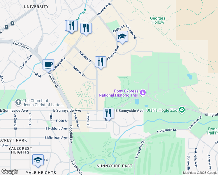 map of restaurants, bars, coffee shops, grocery stores, and more near 729 Arapeen Drive in Salt Lake City
