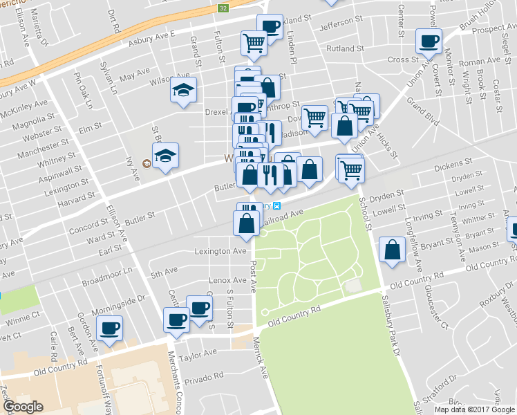 map of restaurants, bars, coffee shops, grocery stores, and more near 118 Post Avenue in Westbury