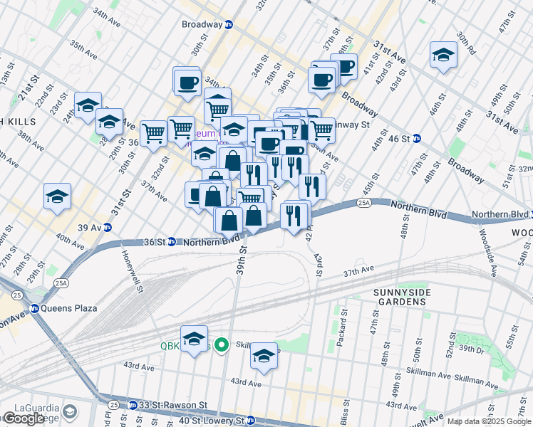 map of restaurants, bars, coffee shops, grocery stores, and more near 40-04 36th Avenue in Queens