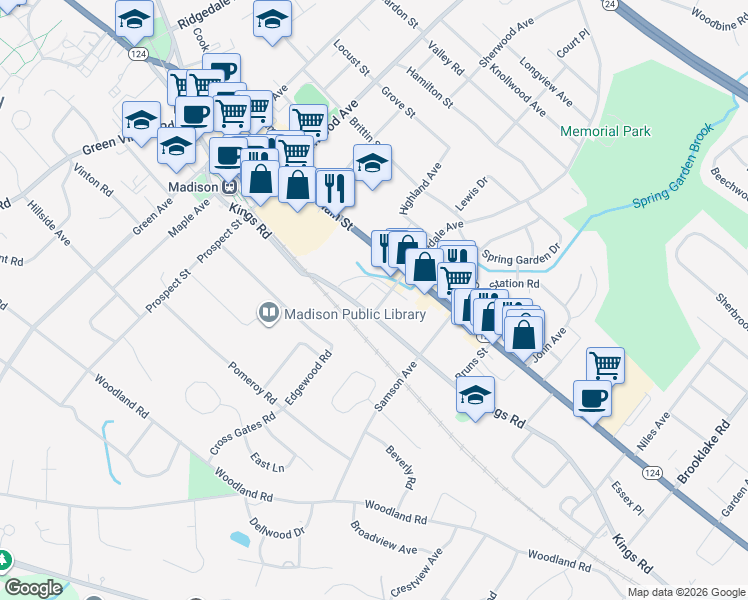 map of restaurants, bars, coffee shops, grocery stores, and more near 19 Cross Street in Madison