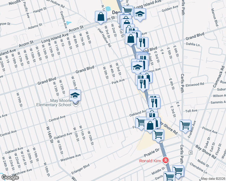 map of restaurants, bars, coffee shops, grocery stores, and more near 191 West 5th Street in Deer Park