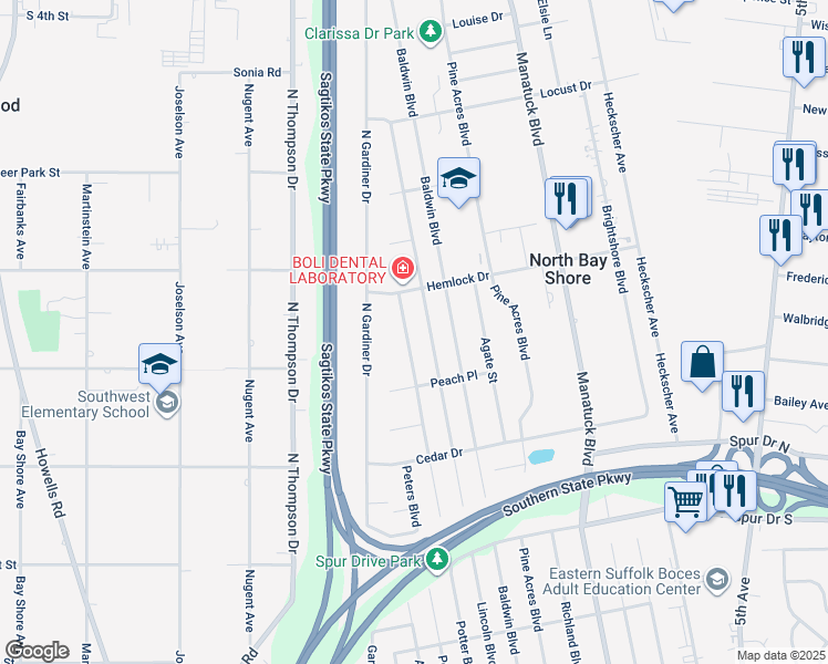 map of restaurants, bars, coffee shops, grocery stores, and more near 1549 Potter Blvd in Bay Shore