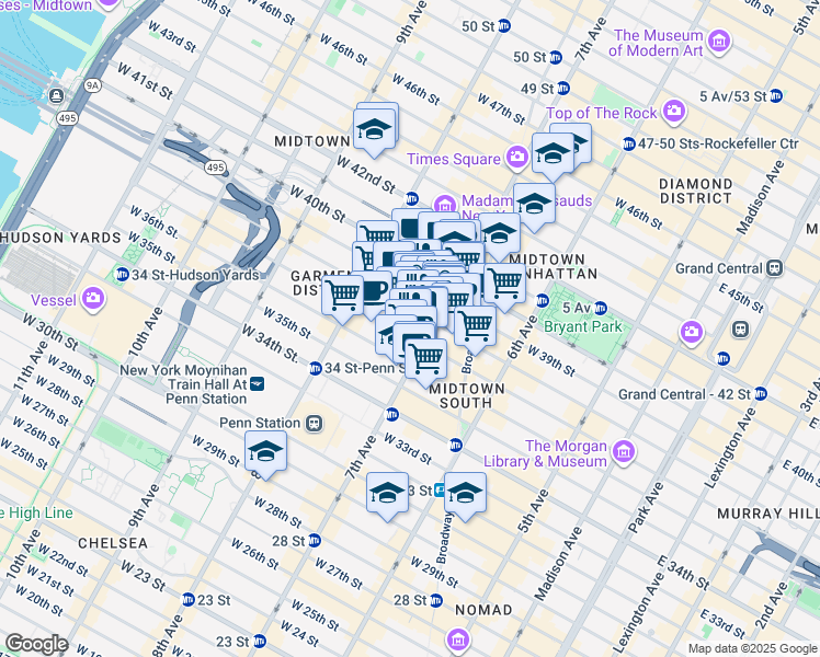 map of restaurants, bars, coffee shops, grocery stores, and more near 525 Fashion Avenue in New York