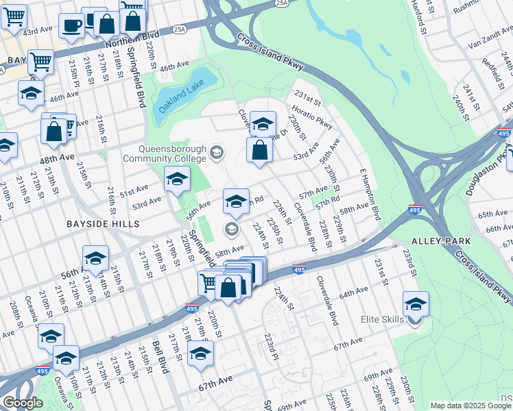 map of restaurants, bars, coffee shops, grocery stores, and more near 223-40 56th Road in Queens