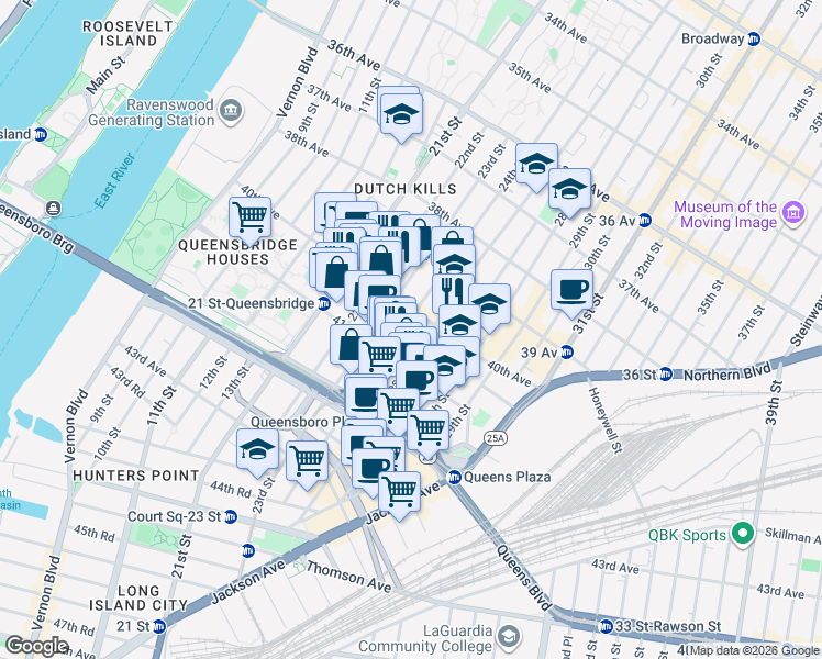 map of restaurants, bars, coffee shops, grocery stores, and more near 40-22 24th Street in Queens