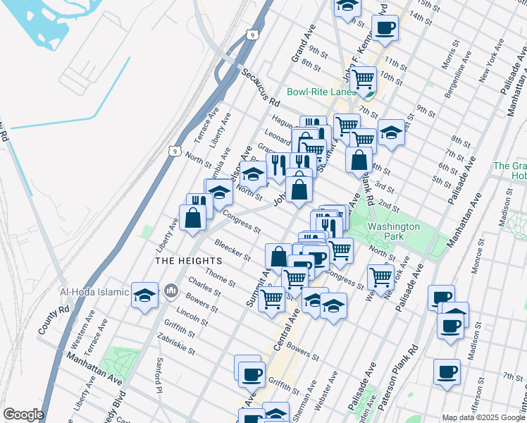 map of restaurants, bars, coffee shops, grocery stores, and more near 3592 John F. Kennedy Boulevard in Jersey City