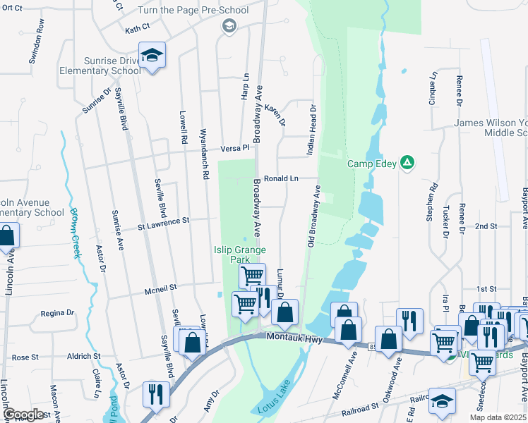 map of restaurants, bars, coffee shops, grocery stores, and more near 85 Broadway Avenue in Sayville