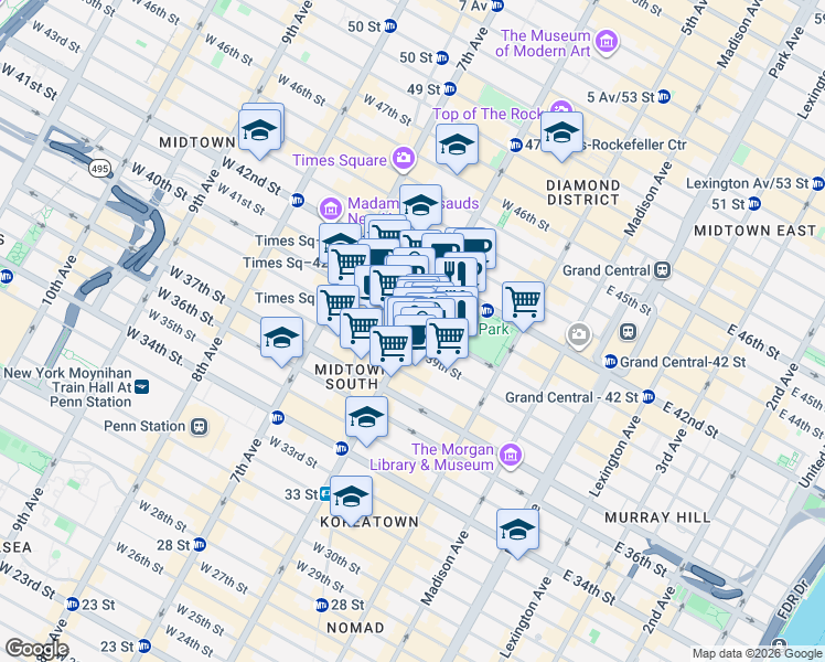 map of restaurants, bars, coffee shops, grocery stores, and more near 1052 6 Ave in New York