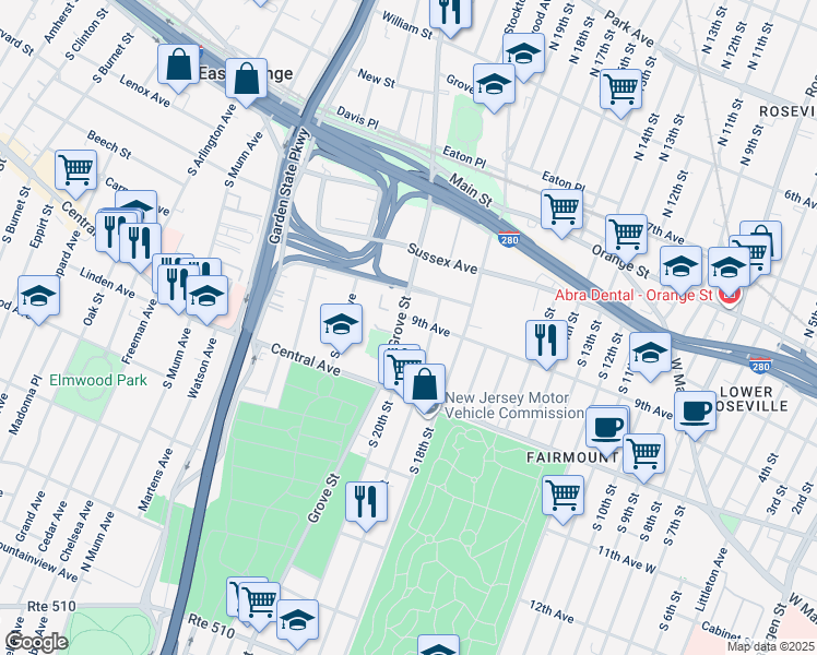 map of restaurants, bars, coffee shops, grocery stores, and more near 112 South Grove Street in East Orange