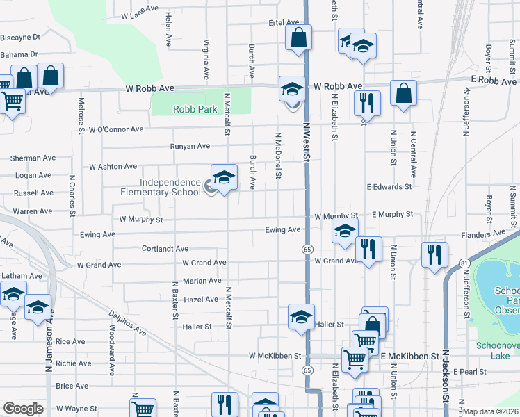 map of restaurants, bars, coffee shops, grocery stores, and more near 917 North Mcdonel Street in Lima