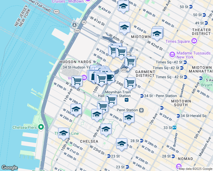 map of restaurants, bars, coffee shops, grocery stores, and more near 440 West 33rd Street in New York