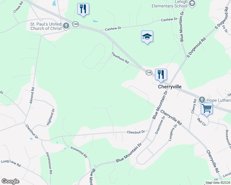 map of restaurants, bars, coffee shops, grocery stores, and more near 686 Stagecoach Drive in Cherryville
