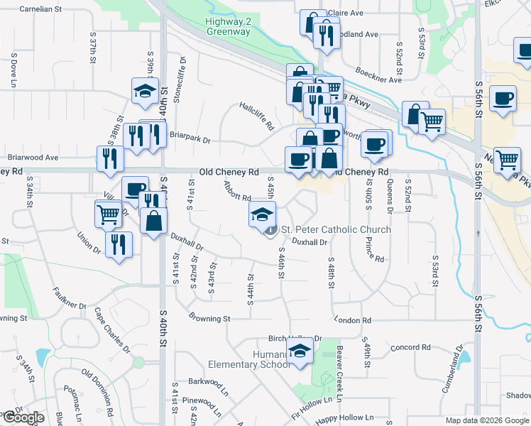 map of restaurants, bars, coffee shops, grocery stores, and more near 5809 South 45th Street in Lincoln