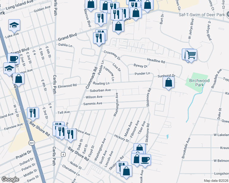 map of restaurants, bars, coffee shops, grocery stores, and more near 226 Washington Avenue in Deer Park