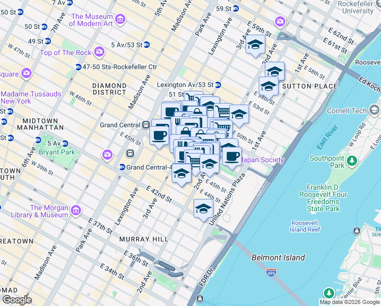 map of restaurants, bars, coffee shops, grocery stores, and more near 212 East 47th Street in New York